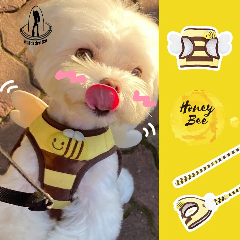 Cute Bee Kitten Puppy Dogs Harness and Leash Set Soft Breathable Dogs Vest Harness Leads Pet Clothes for Small Dogs Chihuahua