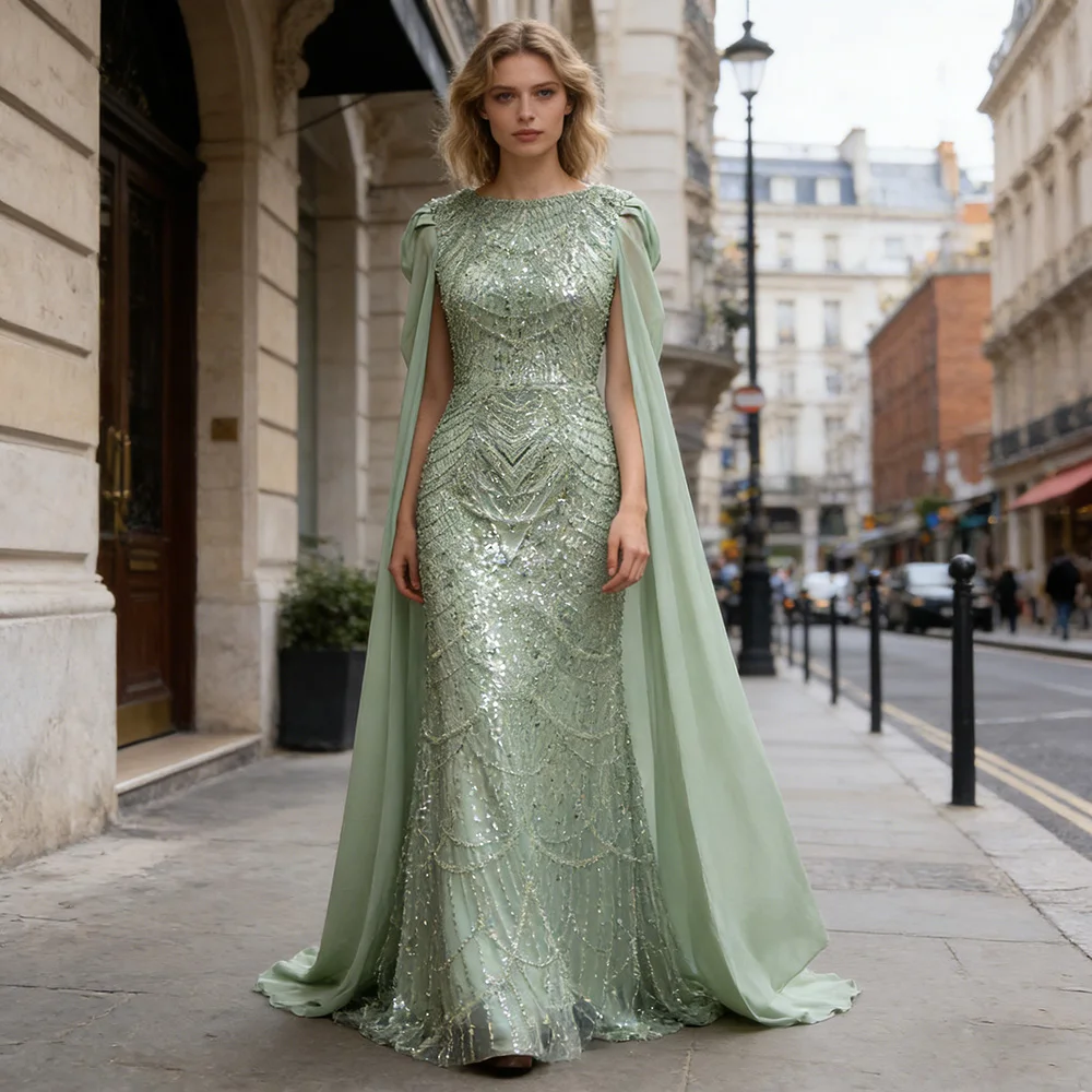 Eshaut&bridal Elegant Beaded Mermaid Evening Gown with Chiffon Cape Sleeves Pearls Formal Prom Dress for Women 2026 Customized