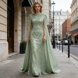 Eshaut&bridal Elegant Beaded Mermaid Evening Gown with Chiffon Cape Sleeves Pearls Formal Prom Dress for Women 2026 Customized