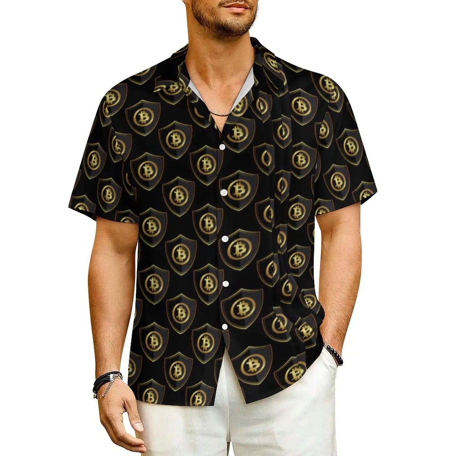 

Bitcoin Armored Crest Beach Shirt Male Gold Coin Vintage Casual Shirts Hawaiian Short Sleeve Stylish Design Plus Size Blouses