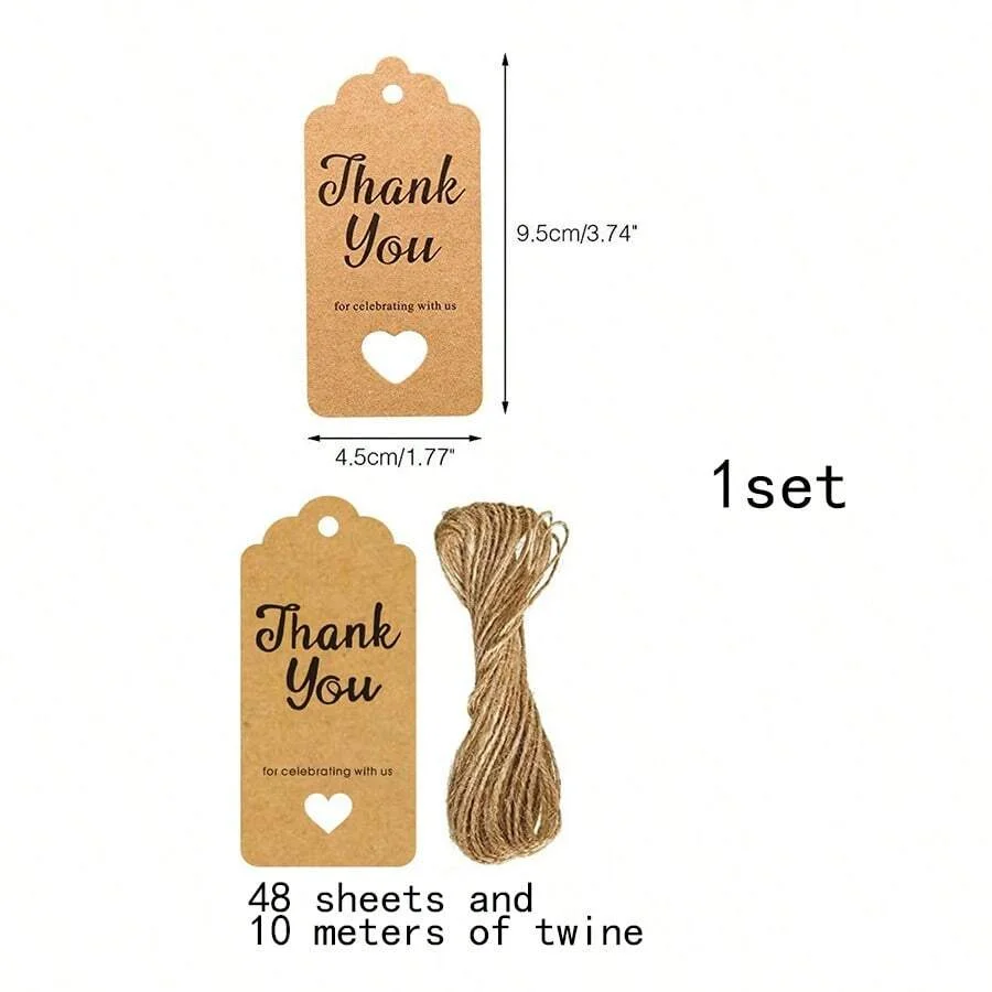 1set (48pcs+10m Twine) Heart Shaped Kraft Paper Thank You Gift Tags, Perfect For Birthday Party, Wedding, Gift Wrapping, Decorat