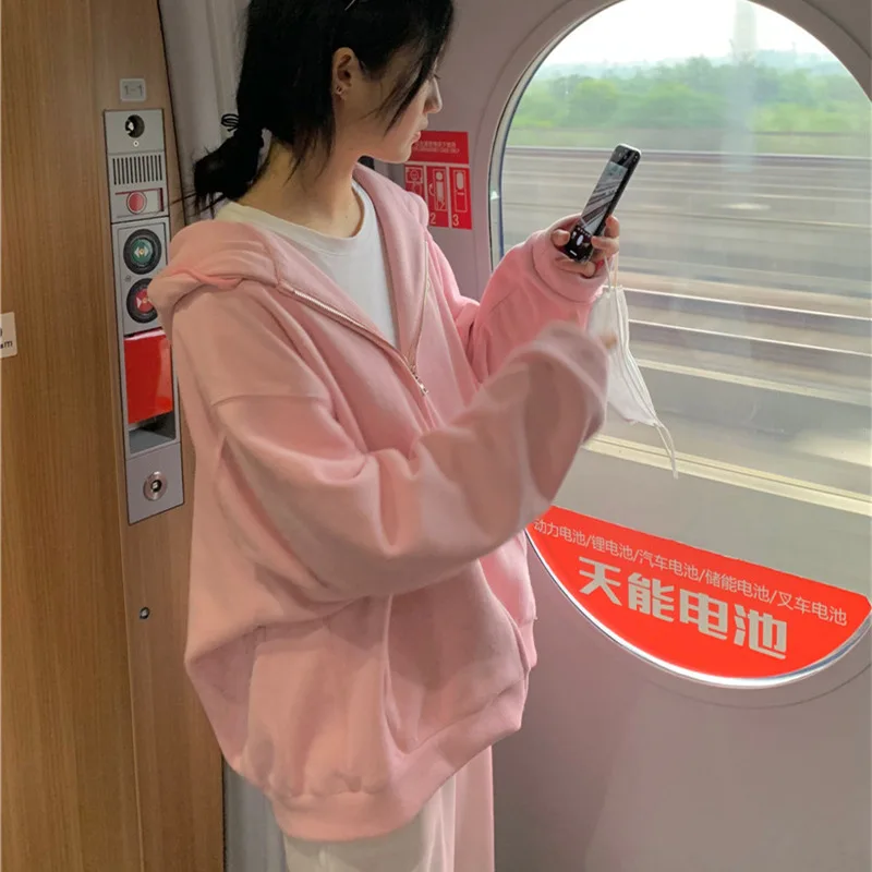 

2025 Autumn New Solid Women's Sweatshirt Korean Fashion Harajuku Casual Loose Zip Up Hoodie for Women Coat Y2k Streetwear