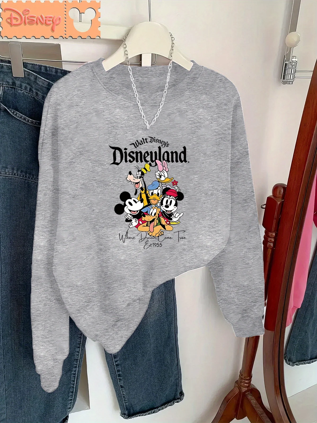 Sudadera con estampado de patrón Disneyland para mujer estilo casual manga corta cuello redondo otoño e invierno estilo deportivo versátil