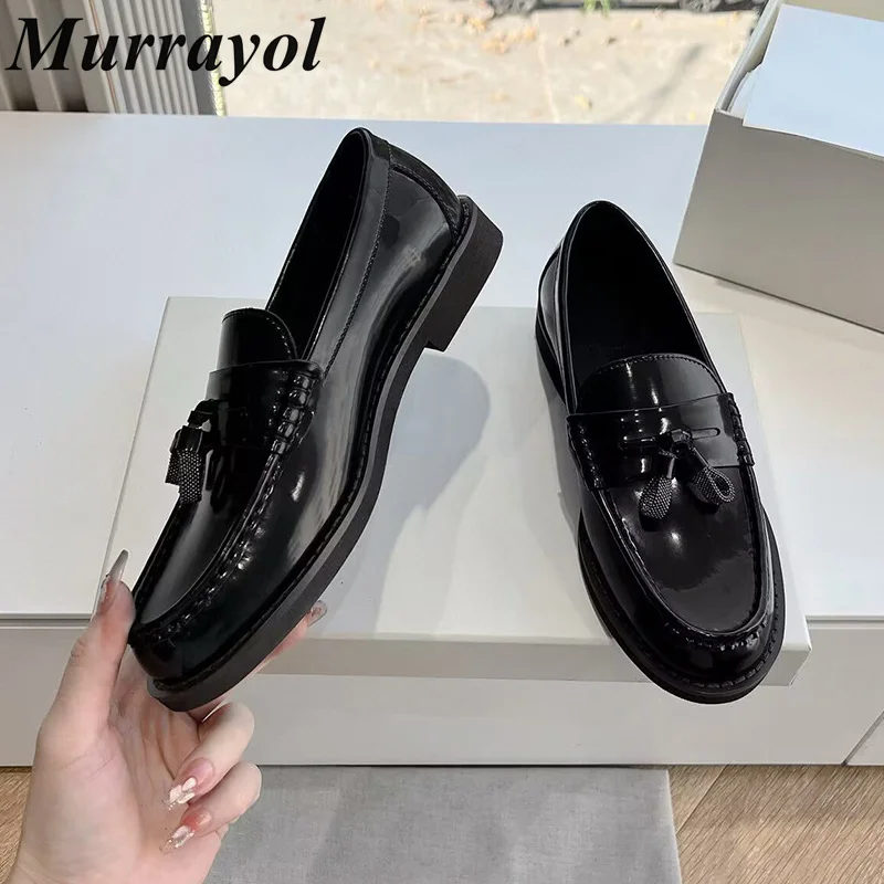 

New 2025 Women's Round Toe Tassel Decor Flat Loafers Genuine Leather Solid Color Flat Shoes Spring Autumn Single Shoes Mules