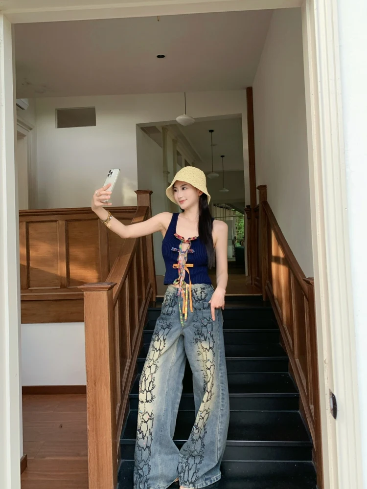 

Beloved American Sle Hot Girl Snake Print Emed Diamond Encrusted Heavy Design Loose Wide Leg Long Pants Set