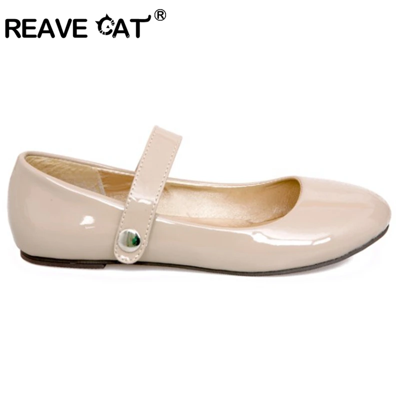 REAVE CAT Women Slip On Buckle Patent Shoes Comfortable Round Toe Big Size 30-50 Flats Handmade Brand Sweet RL3436