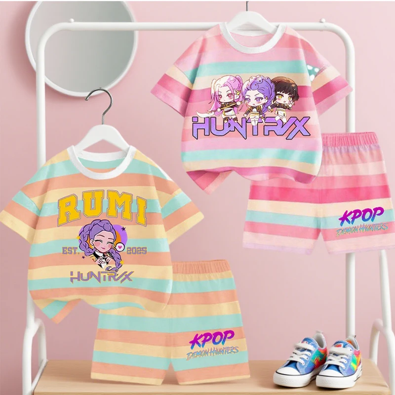 

KPop Demon Hunters Children's Striped Suit Girls Top and Bottom Clothes Set Printed T-shirt Shorts Set Round Neck Kids Clothes