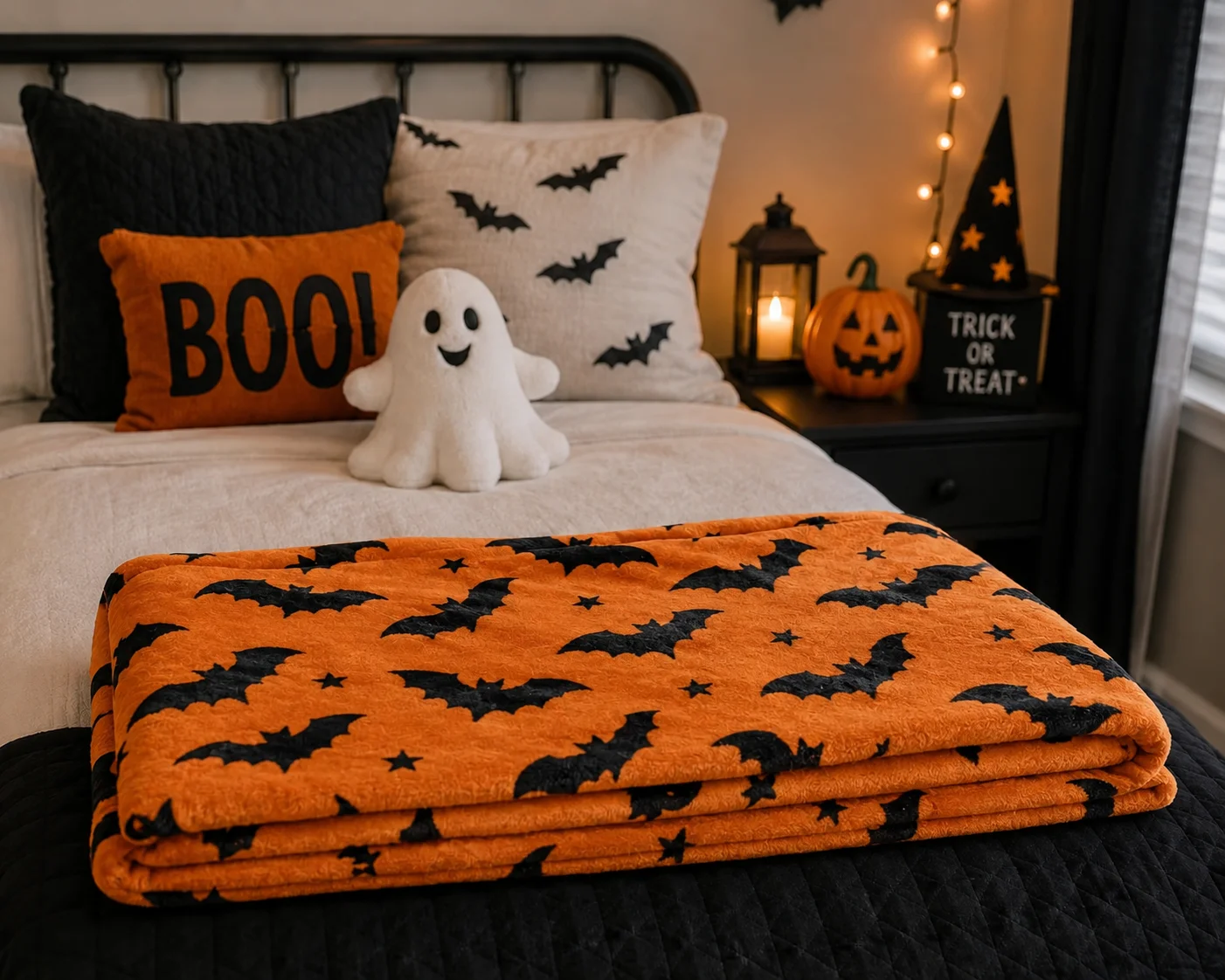 Halloween Bat Flannel Throw Blanket, Orange Black Spooky Print Soft Cozy Lightweight Blanket for Adults Kids, Sofa Couch Bed Bedroom Dorm Living Room Halloween Home Decor Gift