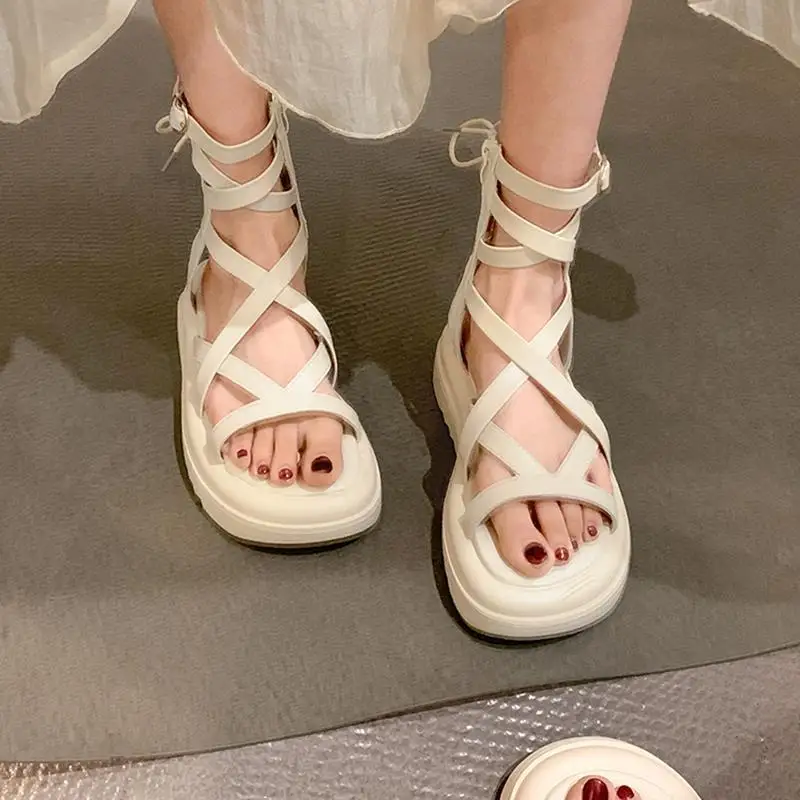 Footwear Wedge with Platform Waterproof Strap Sandals for Woman Zip Summer 2024 Medium Heels Women\'s Shoes Roman Style Beige Vip