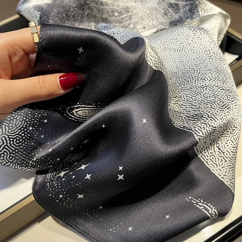 Spring Autumn 12MuMi Thin Black White Moon Tianma Star Sky Meteor Real 100% Mulberry Silk 70CM Square Scarf Shawls Tie Scarves