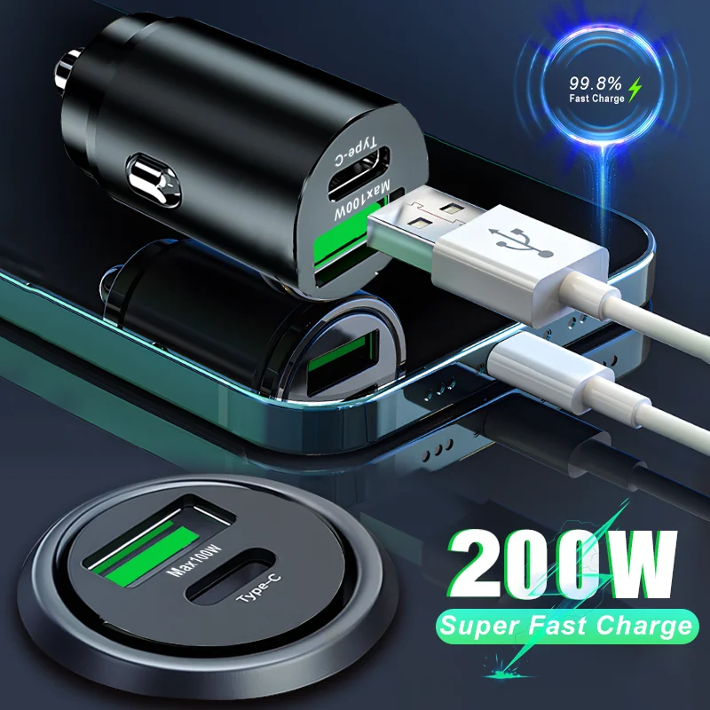 200W USB Type C Dual Ports Car Charger Lighter Quick Charge 4.0 3.0 For iPhone Xiaomi Huawei Samsung Fast Charging Phone Charger