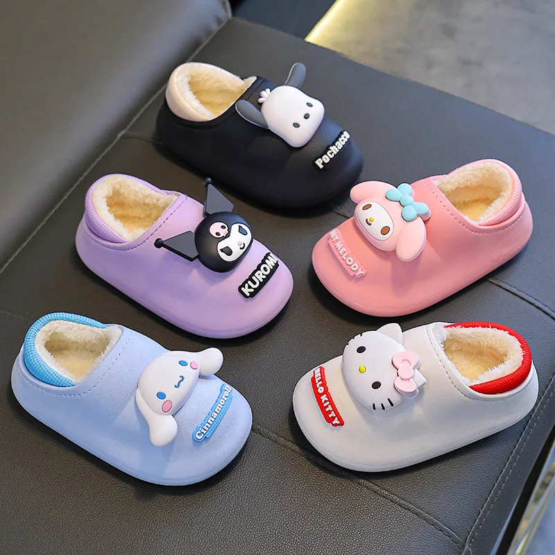 Sanrios Winter Child Cotton Slippers Boy Girl Keep Warm Velvet Kuromi Cute Water Proof Include Heel Cotton Shoes Home Shoes