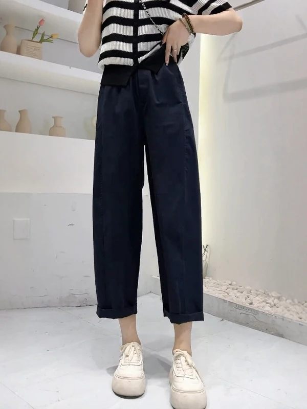 

Новые летние повседневные брюки прямого кроя больших размеров с высокой талией, укороченные (до щиколотки), для женщин с фигурой типа «груша», в корейском стиле.