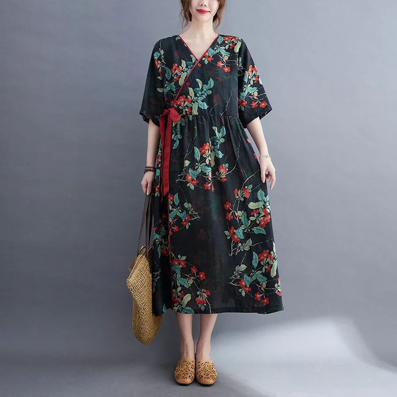 

Korean Women's Loose Long Kaftan-Batik V Neck Summer Cotton and Linen Floral Dress