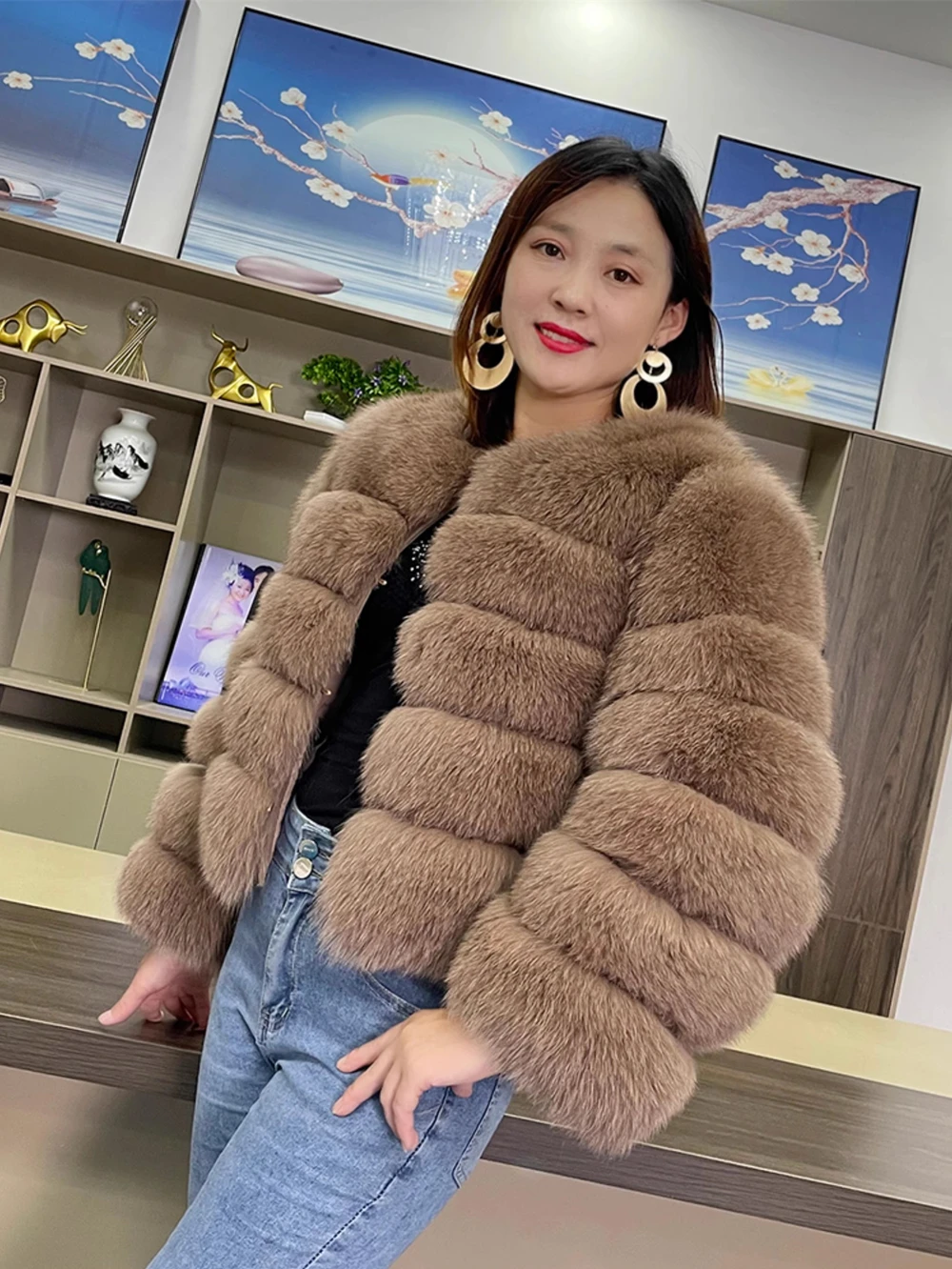 Real Fox Fur Short Jacket for Women, Female Luxury Winter Coat, Full Sleeves, Beige Natural Fox Fur, Cropped for Girls