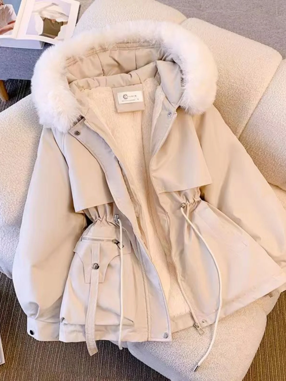 

Пальто-парка больших размеров женское с отстегивающимся меховым воротником, зимнее, утепленное, хлопковое, в корейском стиле, свободного кроя, длинное