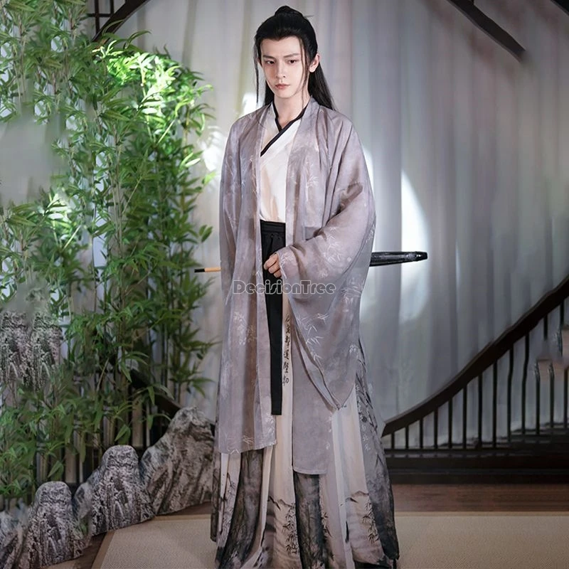 

2024 chinese ancient wei jin dynasty men hanfu dress fairy ink printing wide sleeved hanfu suit literati temperament tea art set