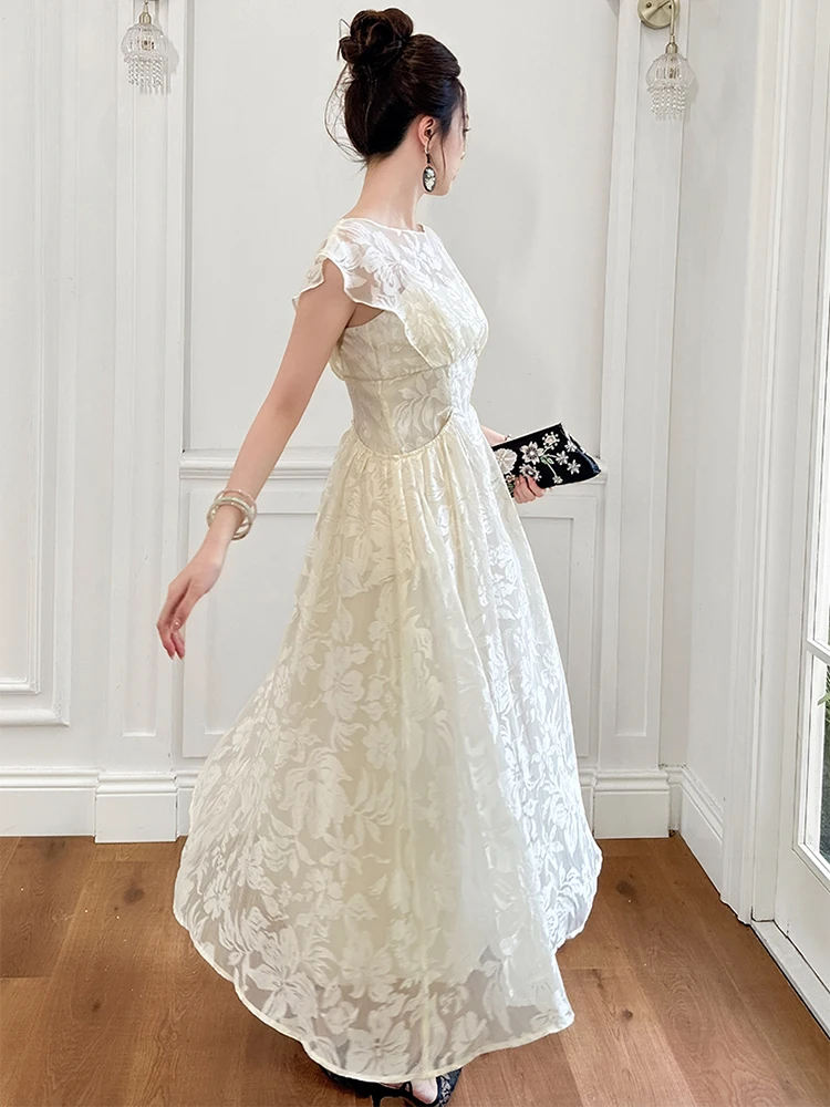 Women's Elegant Celebrity Floral Sheer Long Dress Lady-like Fairycore Pockets Swing Robe Female Party Holiday Vestidos Mujer