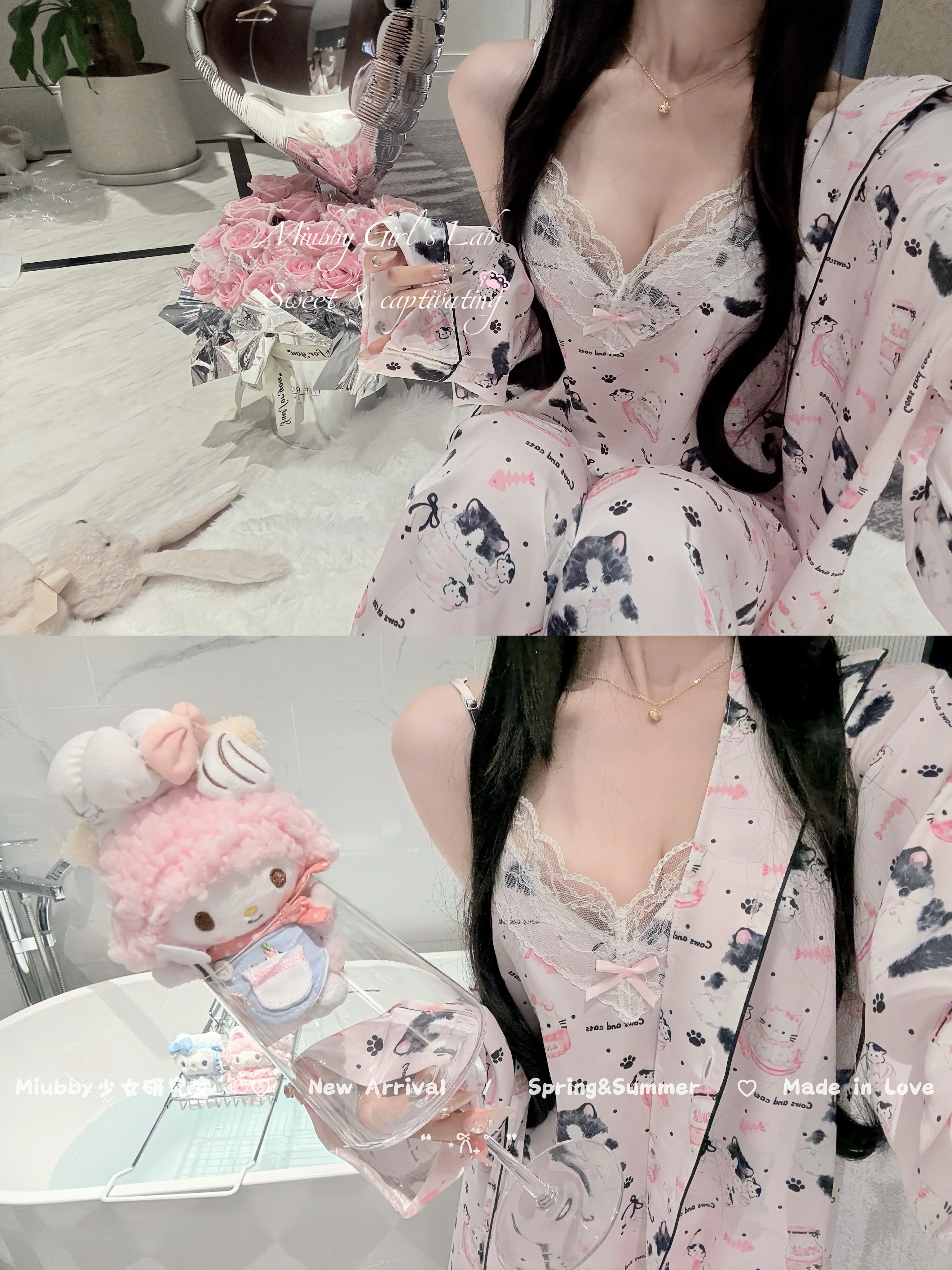 Japanese Girl Lace Cartoon Printed Ice Silk Suspender Long Sleeve Four-piece Set Casual Comfortable Soft Cool Cute Loungewear
