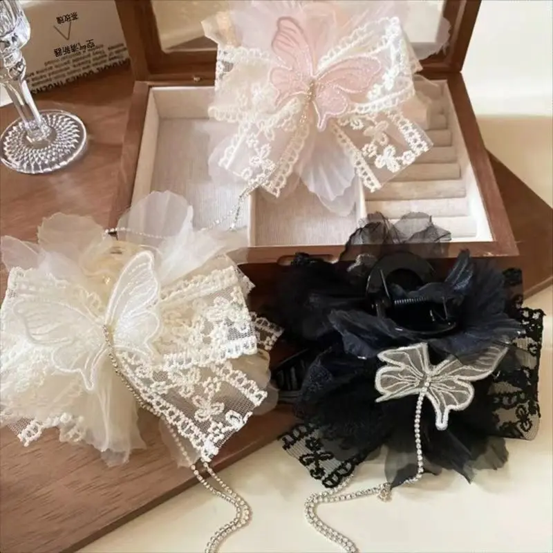 Women Ladies White Hair Accessories Mesh Lace Luxury Jewelry Rhinestone Tassel Hair Claws Hairpin Big Bowknot Hair Clips