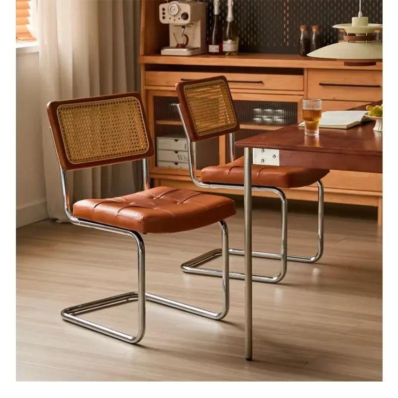 

Luxury Modern Dining Chair Leather Upholstered Rattan Back with Metal Frame Armless Design for Home Office Apartment & Hotel