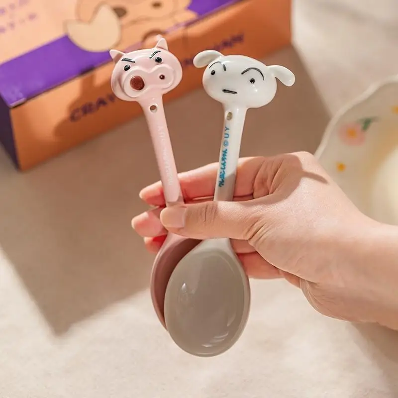 Kawaii Crayon Shin Chan New Anime Ceramic Spoon Cute Cartoon Head Long Handle Spoon Girl Children's Eating Spoon Toys for Kids