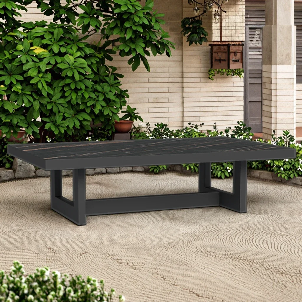 Garden Furniture Natural Swirls Laminam Top Outdoor Coffee Metal Table for Farmhouse Gym Hall Apartment Contemporary Aluminum