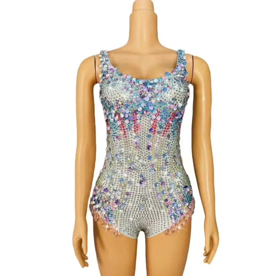 Luxury Rhinestones Bodysuit Sequins Shell Sleeveless Leotard Sexy Stretch Outfit Birthday Dance Party Collections Lanmeimei