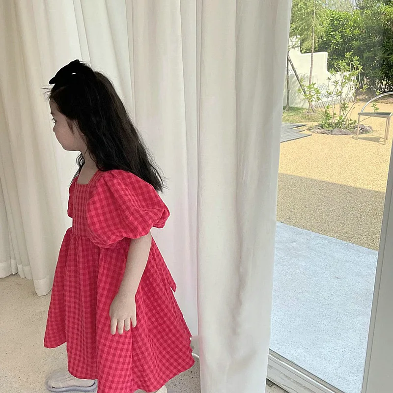 Girls' Dress For Girls Red Puff Sleeve Plaid Lace-up Dress Princess Dress Summer New Children's Clothing 2-6Years