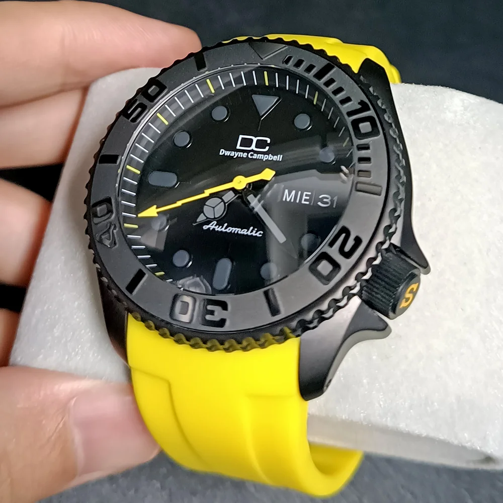 Custom NH36 movement 42mm Men's watches Sapphire Case Automatic Yellow Black Men's Watch 22mm Strap Casual Watches