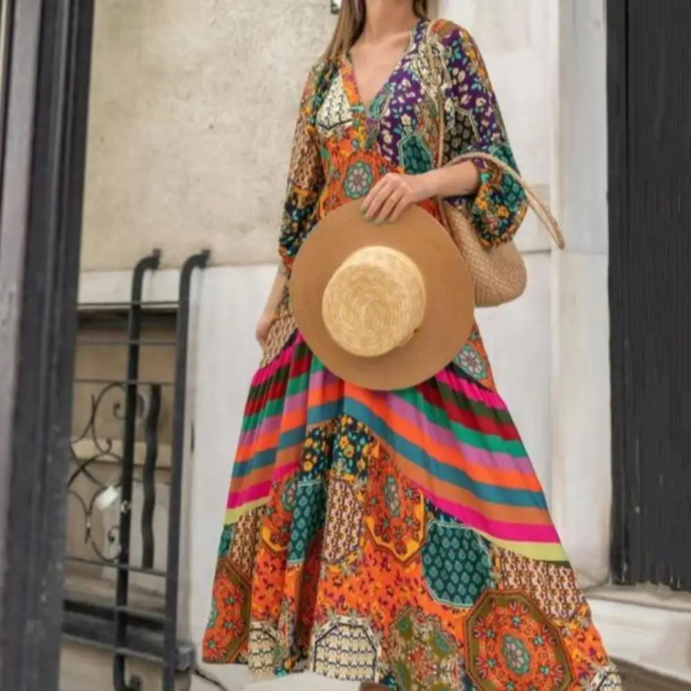 Vestido de vacaciones Anti-desvanecimiento, costura drapeada, dobladillo grande, estampado étnico, maxivestido con cuello en V, ropa femenina para tocar la piel