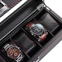 Watch Box for Men 3/5/6 Slots Watch Organizer, Watch Case,Carbon Fiber Design Real Glass Top, Smooth Faux Leather Interior