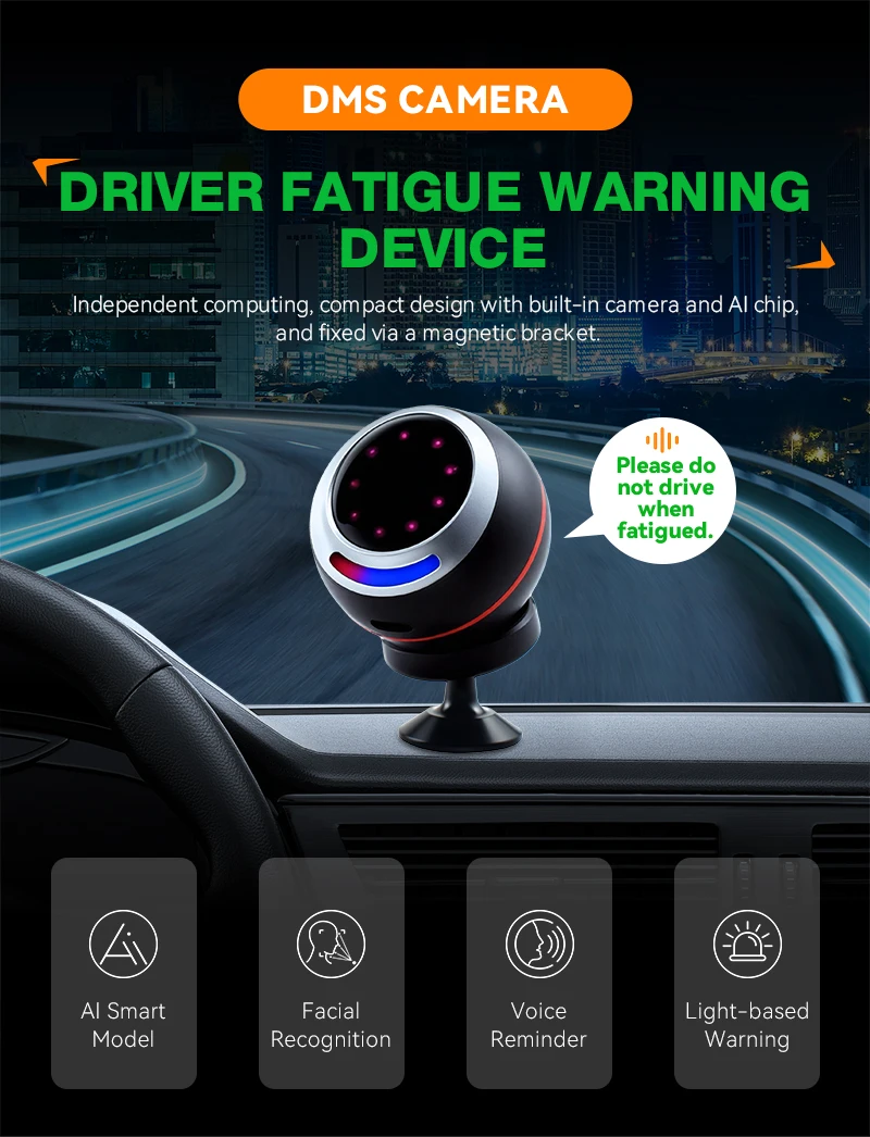 all-in-one plug and play AI Auto DMS Camera 24H Real-time Driver Fatigue sleepy sound reminder for All 12V/24V Car/truck/rv/bus