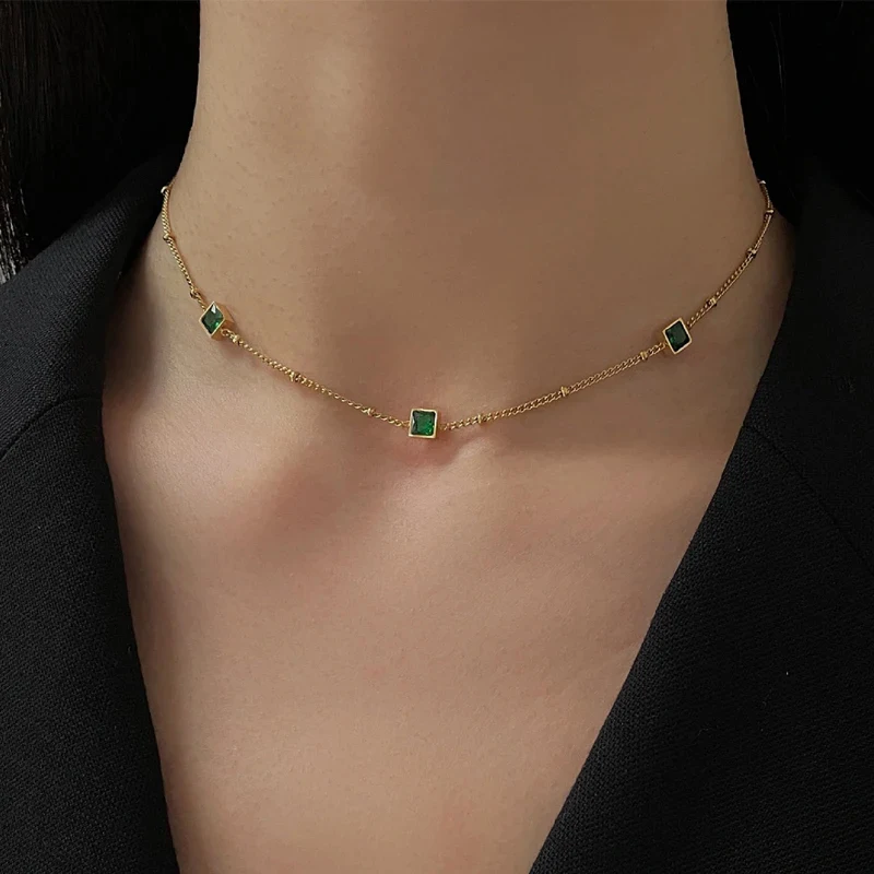 Green Zircon Square Droplet Flower Pendant Necklace For Women Metal Gold Plated Snake Chain Choker Clavicle Necklace Jewelry