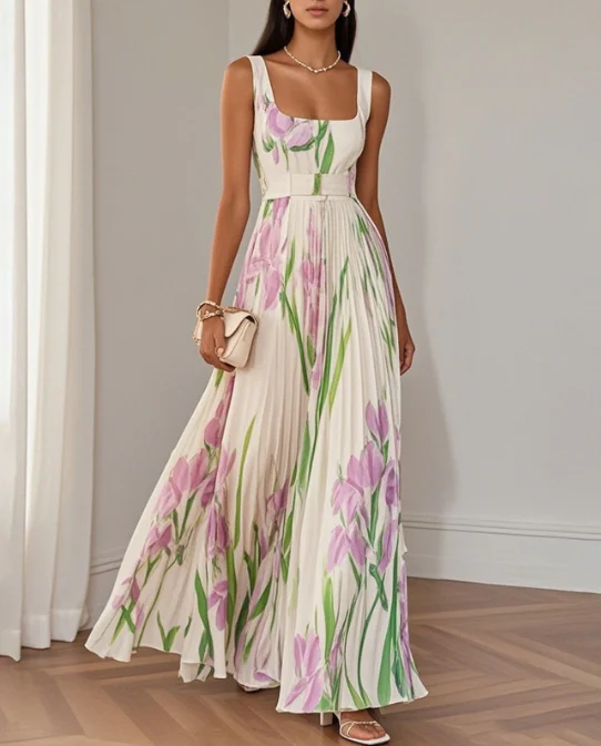 

Elegant Flower Print Dress Fashion Lapel Sleeveless High Waist Strap A-line Pleated Long Dress Summer New Commuter Dresses
