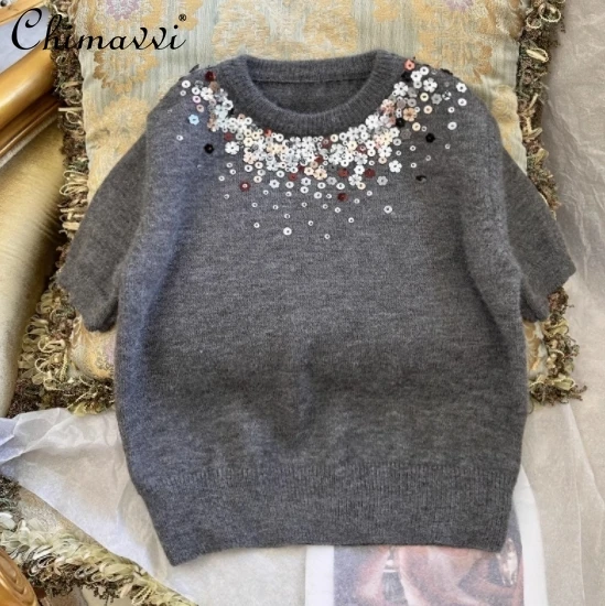 Autumn and Winter New Fashion Soft Waxy Heavy Sweater Short Sleeve Sweet Exquisite Girl Round Neck Elegant Pullover Knitted Top