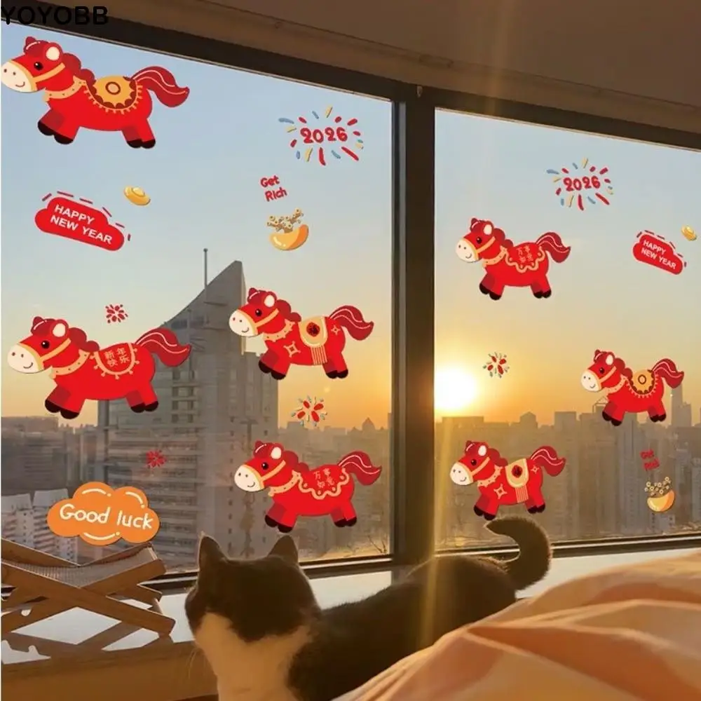 

Red New Year Window Stickers Large Size Transparent 2026 Horse Year Stickers Funny Waterproof Window Glass Decor