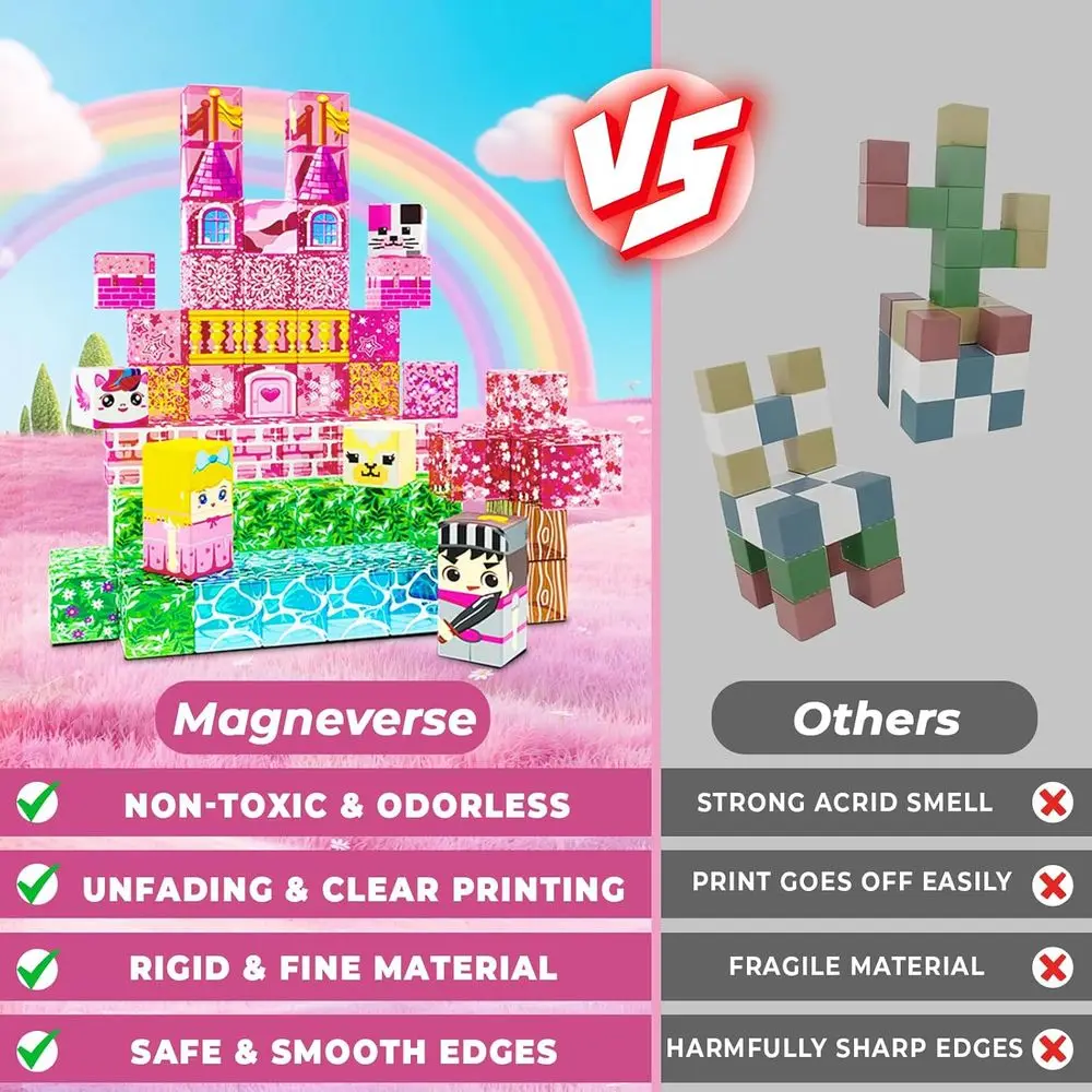 透明な磁気ブロック100ピースセット、4～12歳のお子様向け、ピンクのプリンセス城テーマ、女の子への理想的な贈り物