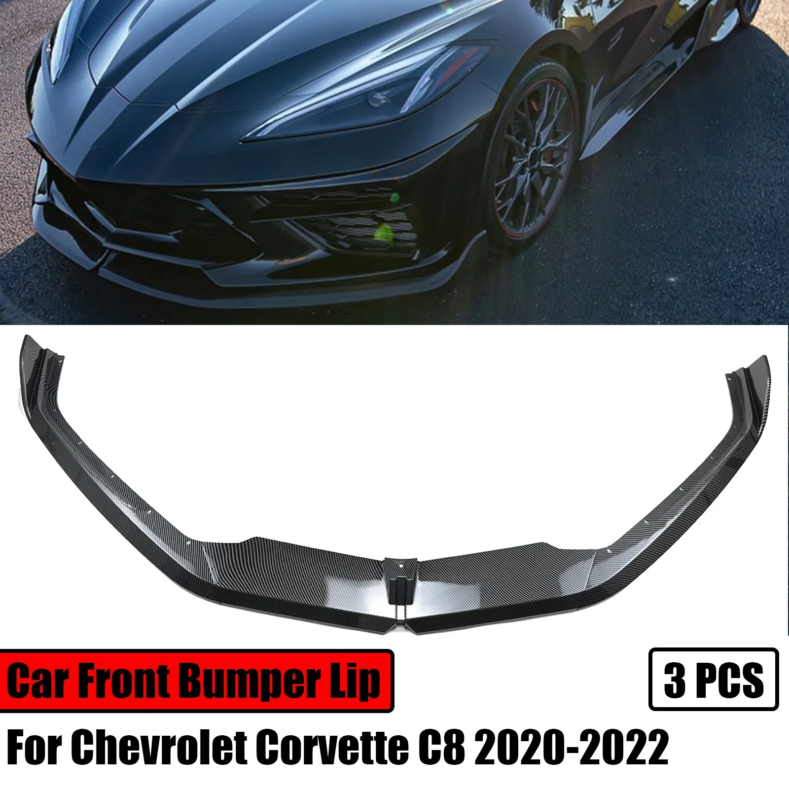 

3PCS For 2020-2022 Chevrolet Corvette C8 Front Bumper Lip Car Accessoires Diffuser Carbon Fiber Style Black Splitter Spoiler