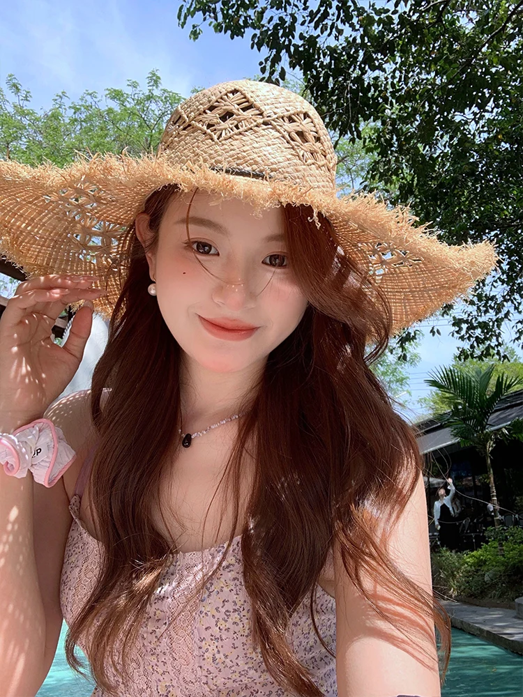 Ladies Summer 2026 New Style Hollow out Laffey Straw Hat Beach Sandals Sun Protection Large Brim Casual round Top Cap