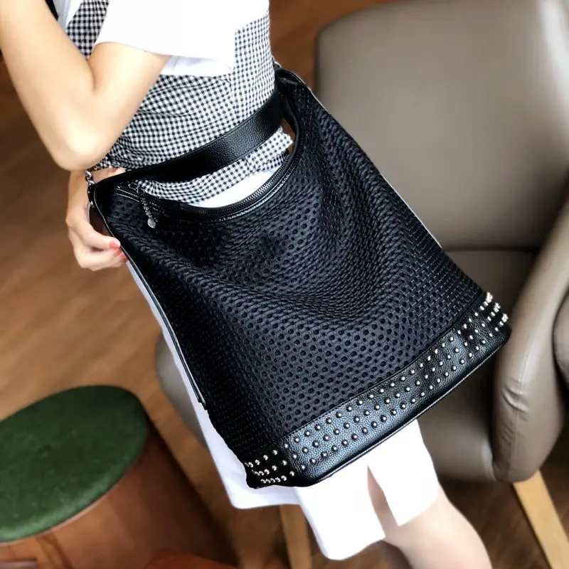 New Hollow Fabric Breathable Large Bag For Women With Genuine Leather Stitching, Soft Leather Rivets Large Capacity Shoulder Bag