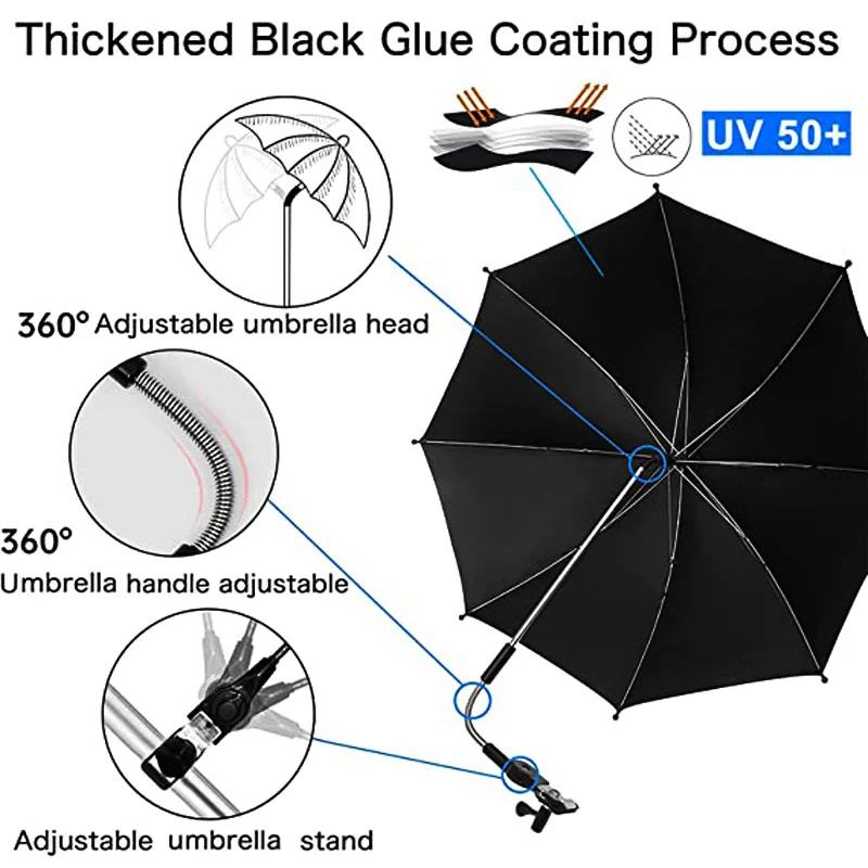 UV Protection Baby Stroller Umbrella With Clamp Fold Universal Rainproof Stroller Cover Umbrella 360 Degrees Adjustable Sunshade