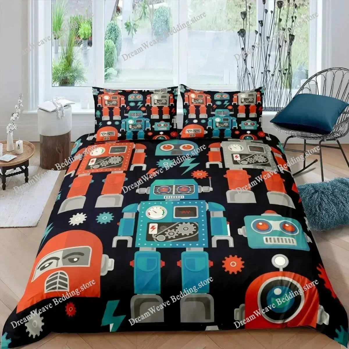 3D Print Robot Rocket Duvet Cover King Queen Size,Kids Boys Spaceship Bedding Set Starry Galaxy Universe Planet Quilt Cover