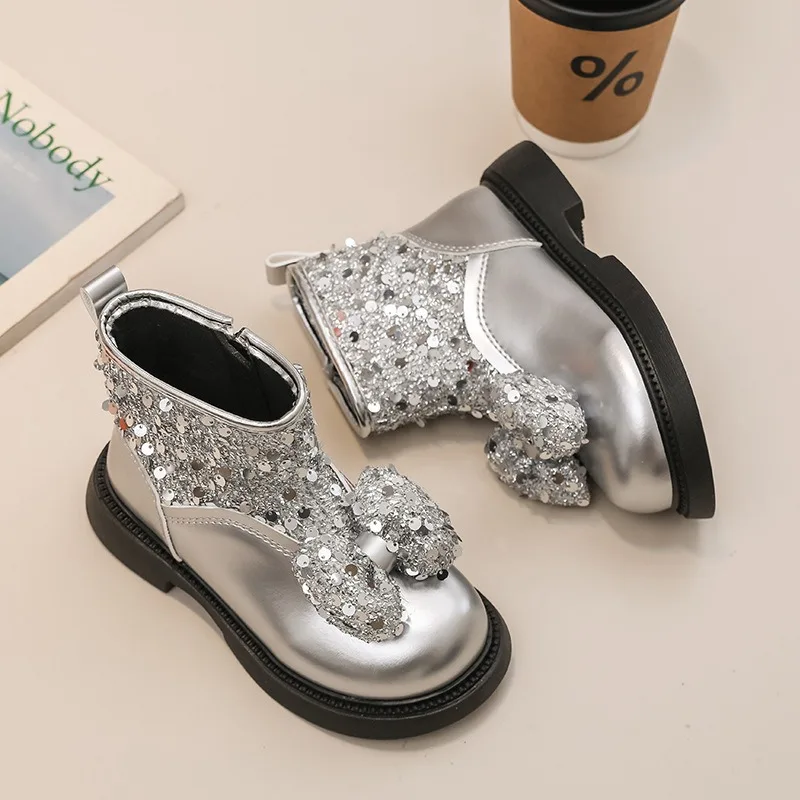2025 Children Short Boots Girls Winter New Fashion Sequins bowknot Soft Bottom Anti-slippery Versatile Casual Princess Pu Shoes