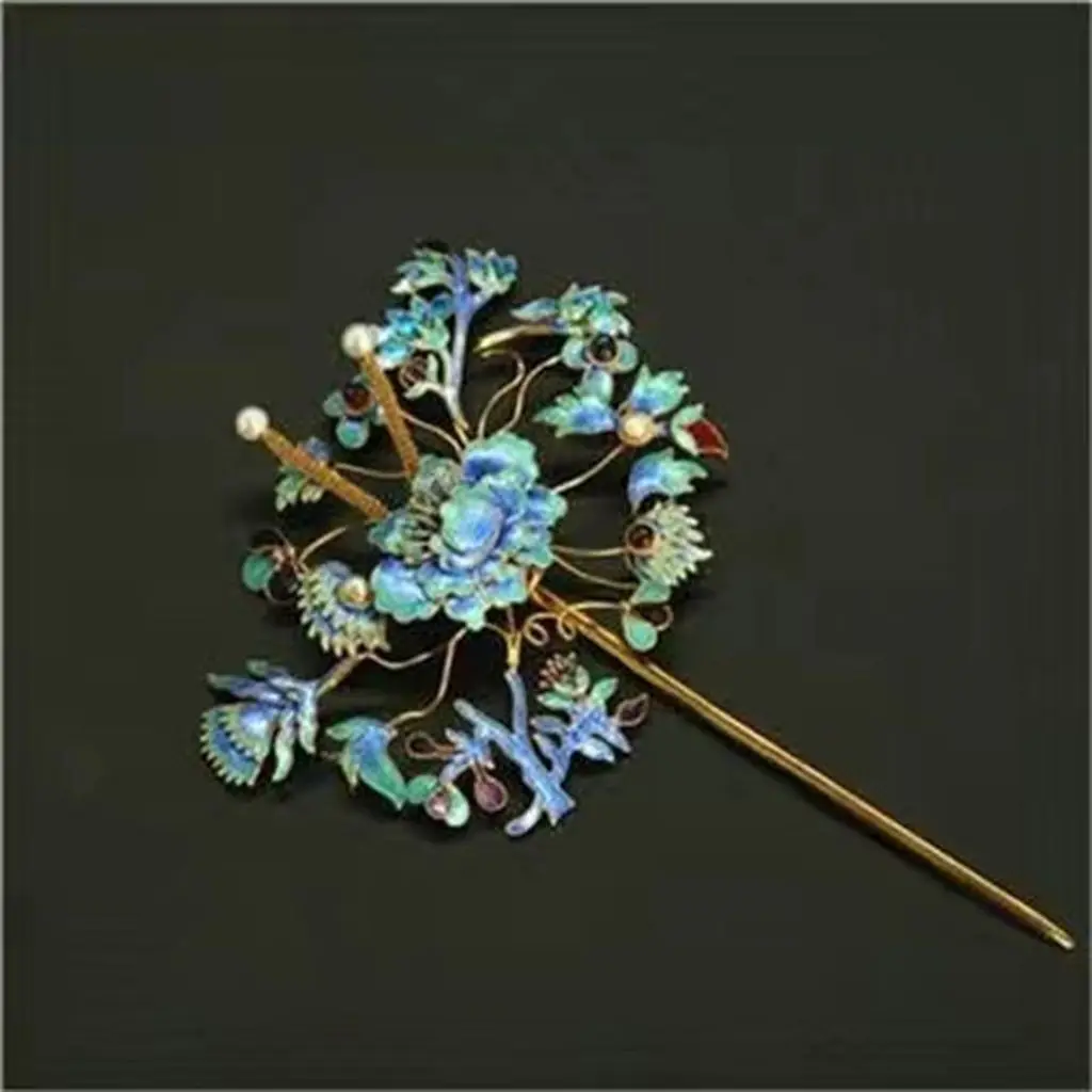 Pure Copper Gold Plated Hanfu Accessories Imitation Qing Dynasty Hanfu Accessories Enamel Hairpin Burned Blue Filament Headwear