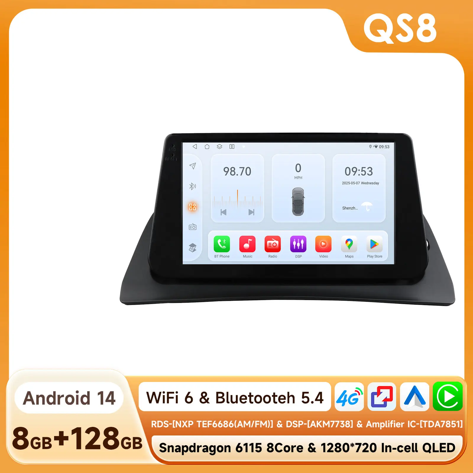 Autoradio met Carplay voor Renault Kangoo Express 2009 - 2018, navigatie GPS, Android Auto, stereo, geen 2DIN, Android 15, autoradio, multimedia-speler, Carplay, autoradio, stereo, IPS QLED-scherm, 4G