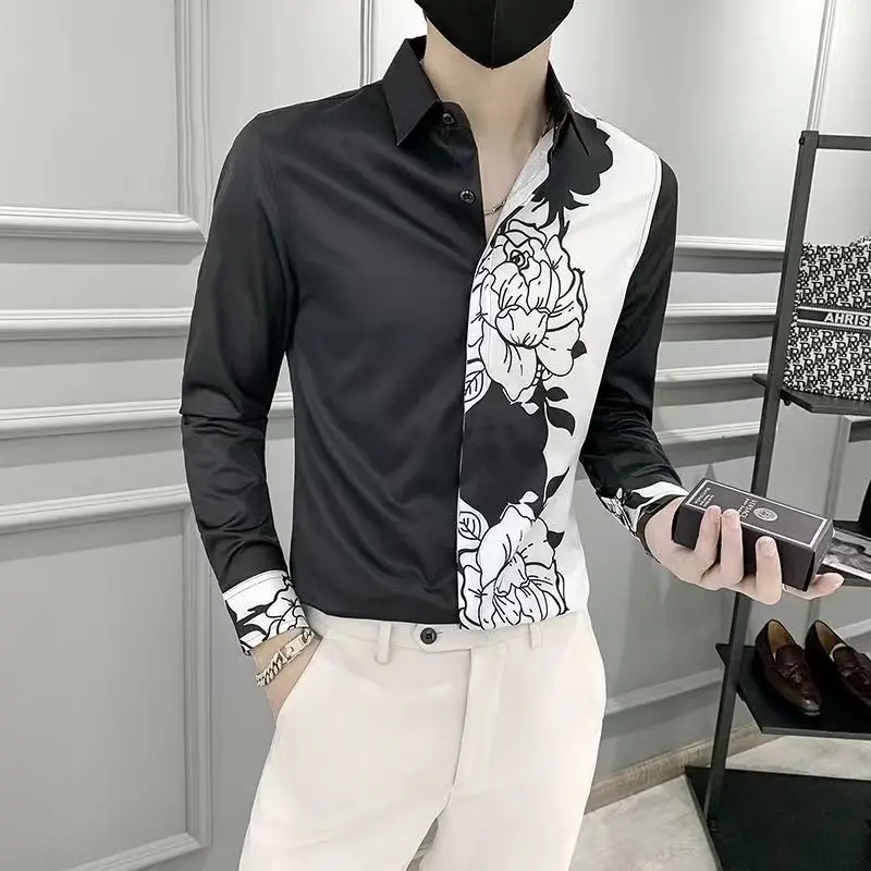 2024 Spring and Autumn New Arrivals Internet Celebrity Men's Turn-down Collar Long Sleeve Slim Fashion All-match Flower Shirts