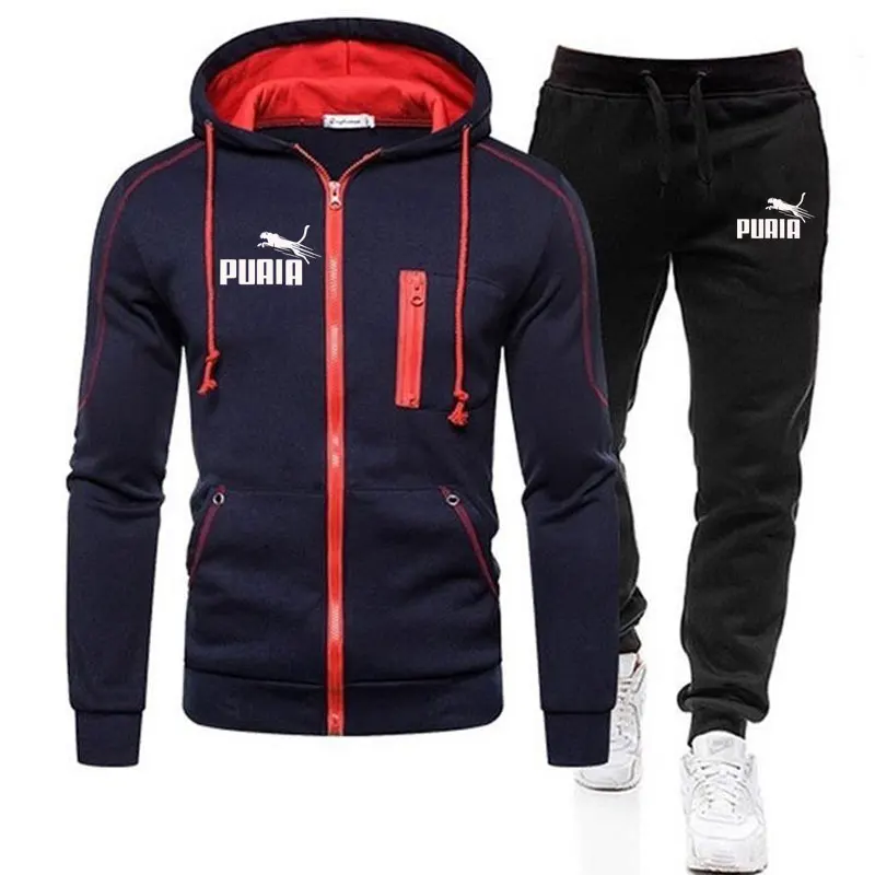 

New Fall Winter Zipper Fleece Men's Tracksuit Hoodies Pants Sweatshirts Two Piece Sets Suit Sportswear Brand Men Clothing