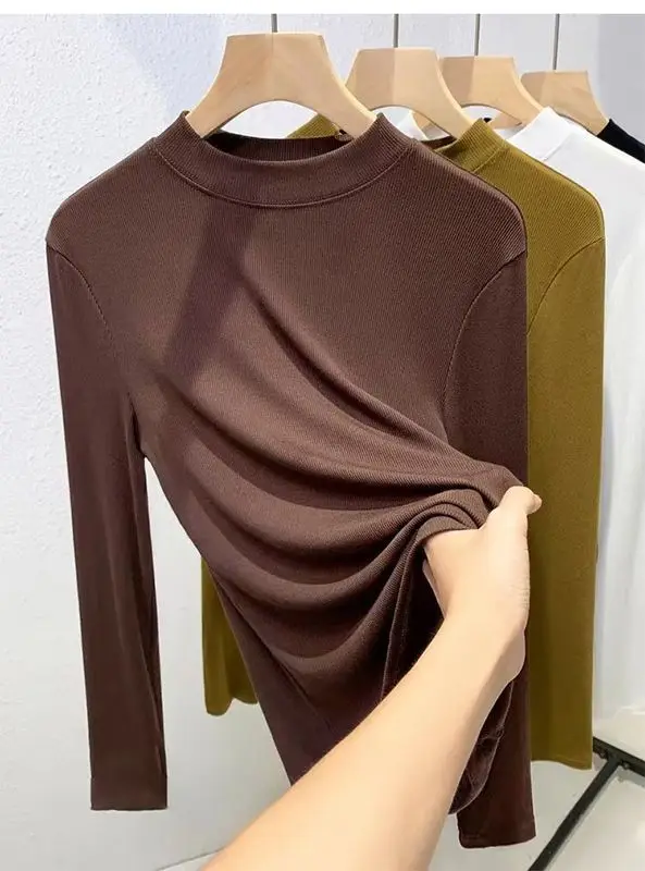 

plus Size Women's Long Sleeve Base Shirt Loose Fit Half High Collar Autumn Winter Casual Style Inner Wear Pear And Body...