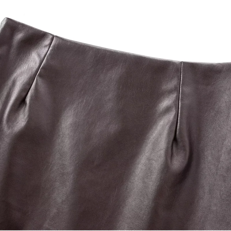 TRAF Women Faux Leather Skirt High Waist Vintage Brown Mini Skirt Woman Fashion Fall A Line Short Skirts Elegant Women\'s Skirts